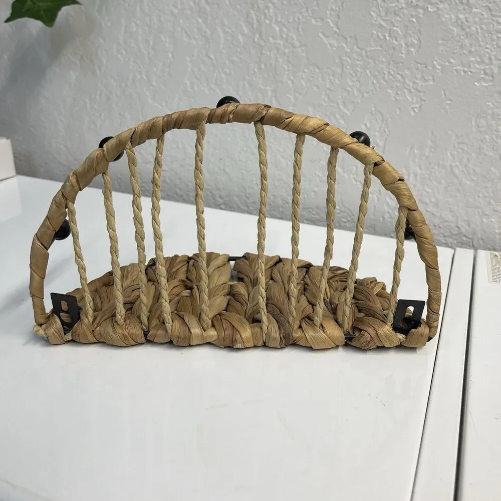Woven Natural Water Hyacinth & Metal Wall Shelf w/ 5 Pegs, Used